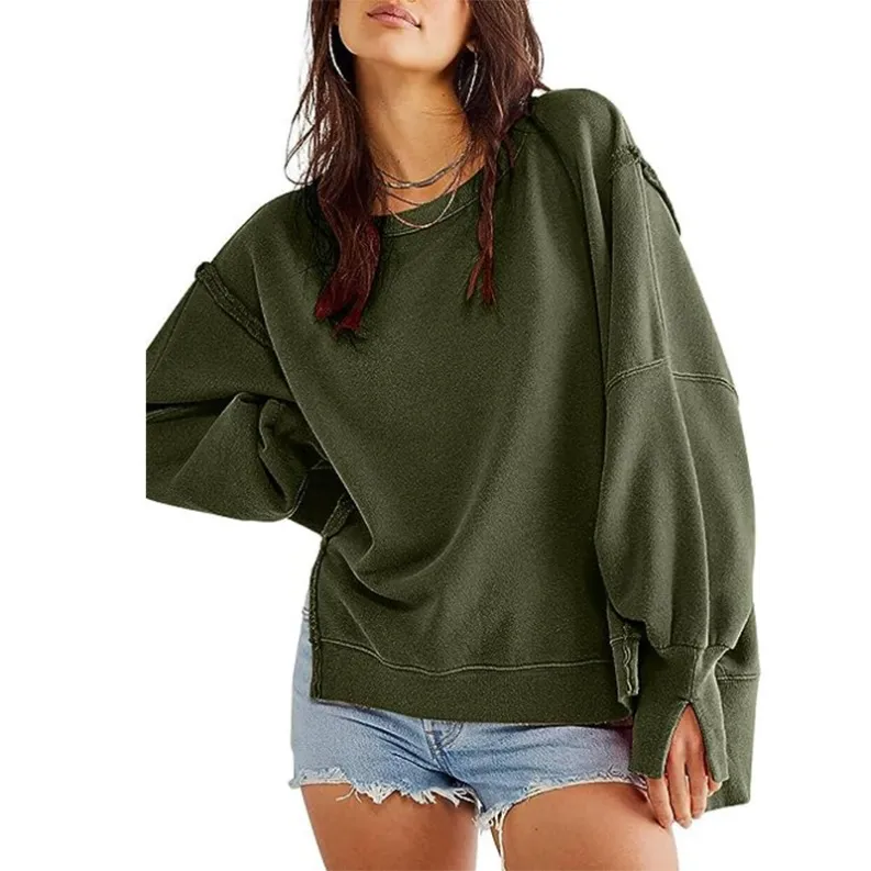 Woman  Sweatshirt Large Round Neck Side Slits Long...
