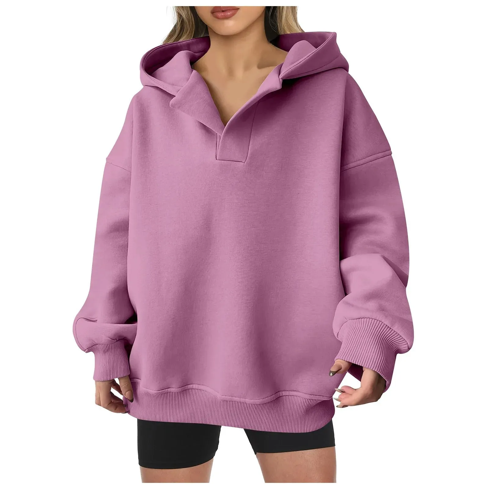 Women's V-Neck Oversized Hooded Sweatshirt, Fashio...