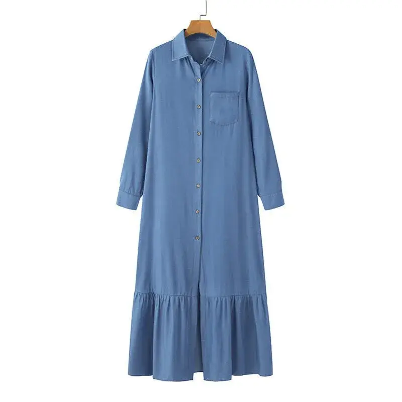 Women's Long Sleeve Loose Denim Dress Lapel Button Front Cardigan Solid Color Casual Maxi Denim Dress