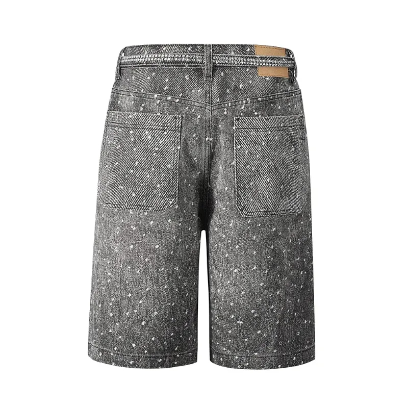 Full Rhinestone Ribbons Baggy Jeans Shorts For Men Pockets Wide Leg Loose Five Point Denim Shorts