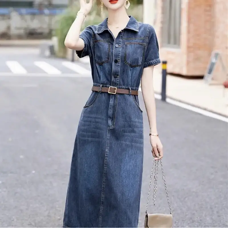 Short Sleeve Denim Shirt Dress Women's Summer Elegant Slim Fit Dress With Belt Casual Wear