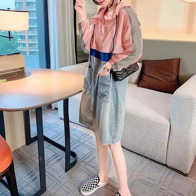 Spliced Hooded Denim Dress Women's Fashion Loose Fit Lightweight Short Sleeve Casual Dress