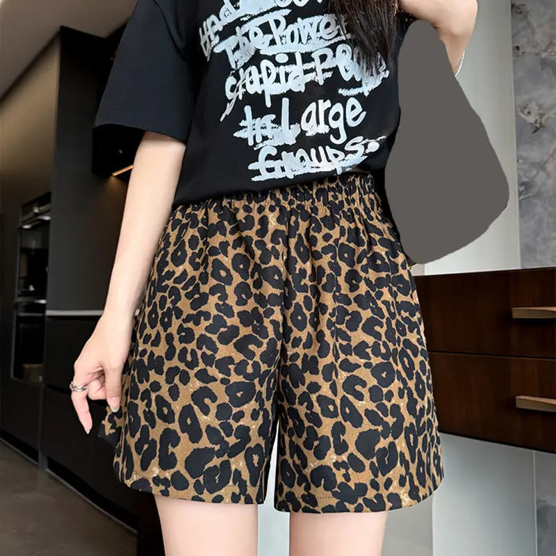 Elastic High Waist Leopard Print Shorts Women Stre...