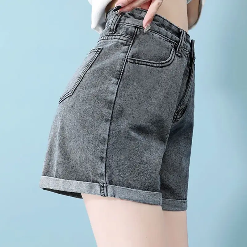 Women's Rolled-Cuff Denim Hot Shorts - Stylish Lad...