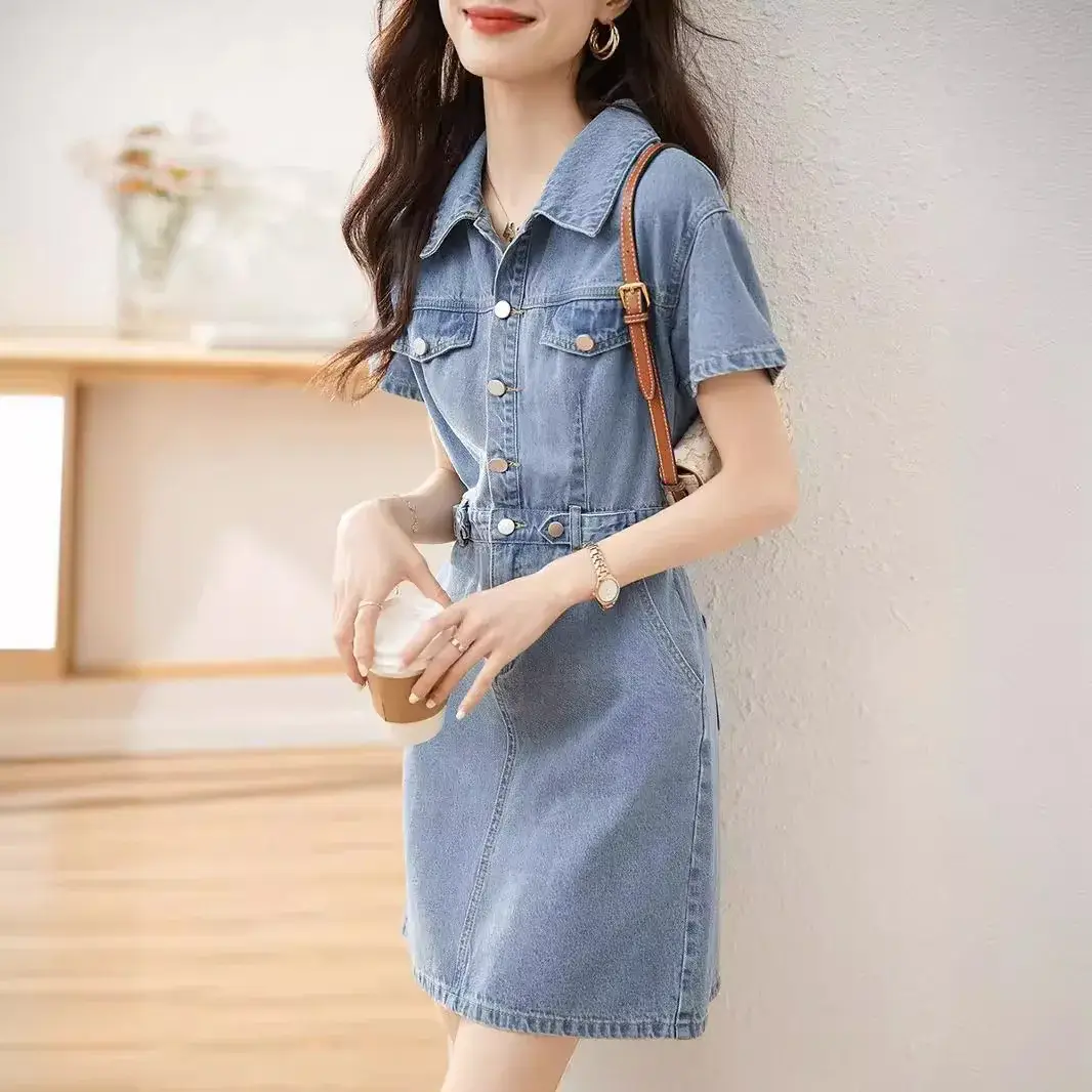 Retro Denim Dress Women's Summer Waist Slimming Short Sleeve Patchwork Single Button Mini Dress