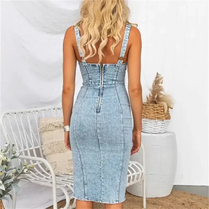 Vintage Slim Fit Denim Hip Wrap Dress Women Casual Backless Suspender Dress Front Back Zipper Split