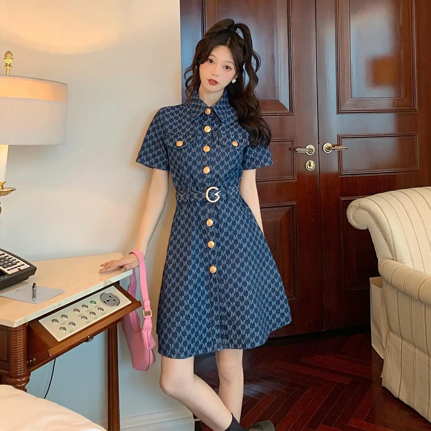 Rhombus Print Single Breasted Denim Dress Short Sleeve Turn Down Collar Fashion Casual Dress