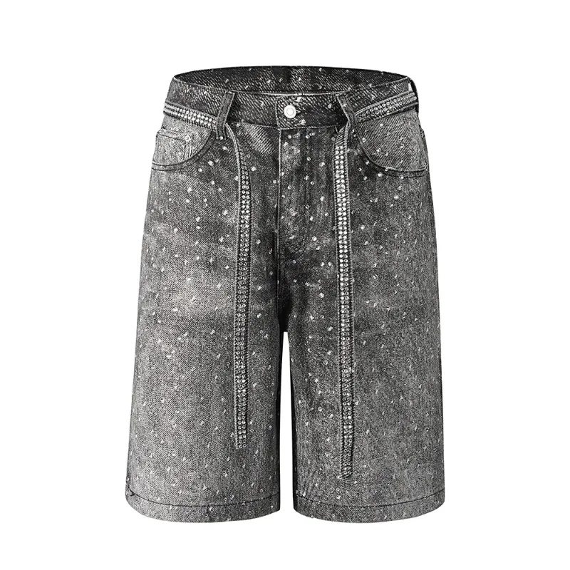Full Rhinestone Ribbons Baggy Jeans Shorts For Men Pockets Wide Leg Loose Five Point Denim Shorts