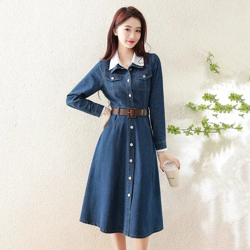 Elegant Sandwashed Denim Dress Fake Two Piece Shirt Collar Waist Slim Single Breasted Long Sleeve Dress