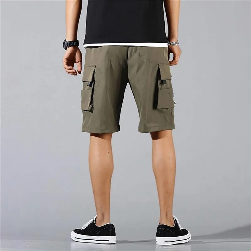 Men Shorts Men Cargo Tactical Joggers Work Casual Pants Male Multi Pockets Buttons Loose Wide Leg Knee Length