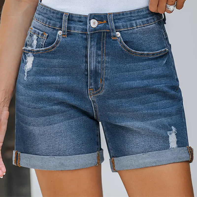 Women's Worn-Out Rolled-Cuff Denim Shorts - Straig...