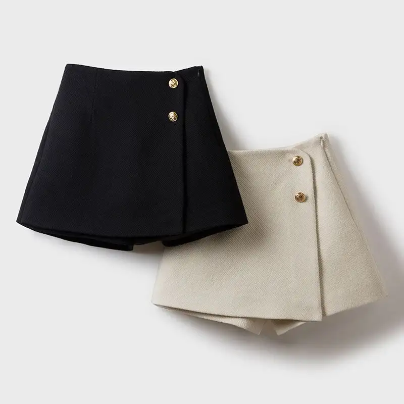 Autumn And Winter Spliced ​​Zipper A-Line Shorts Solid Color High Waist Button Pants Skirt