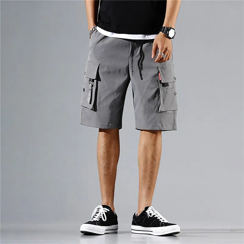 Men Shorts Men Cargo Tactical Joggers Work Casual Pants Male Multi Pockets Buttons Loose Wide Leg Knee Length
