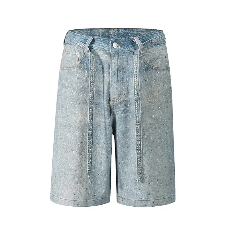 Full Rhinestone Ribbons Baggy Jeans Shorts For Men...