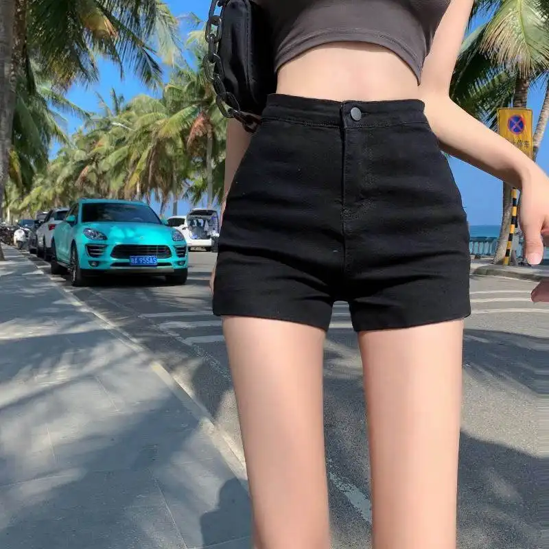 High Waist Black Slim Fit Hot Girl A-Line Denim Shorts Women's Stretch Sexy Shorts