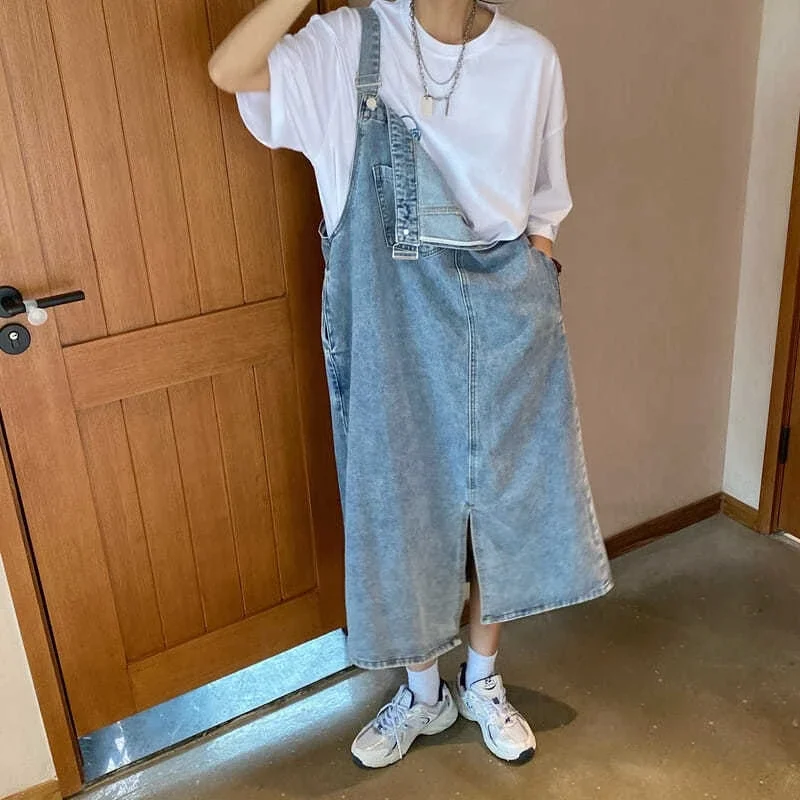 Women's Denim Overall Dress Irregular Chest Pocket Side Split Fashion Sleeveless Jean Dress Spaghetti Strap Dress