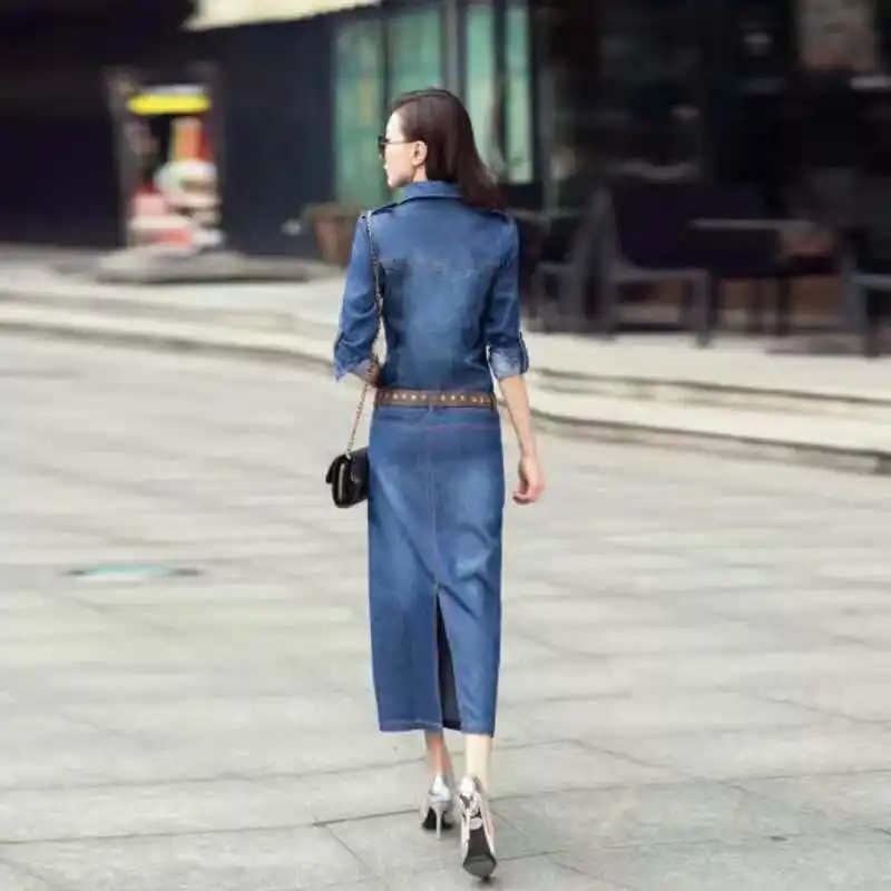 Long Sleeve Denim Dress Slim Fit Body Shaping High Waist Split Maxi Dress