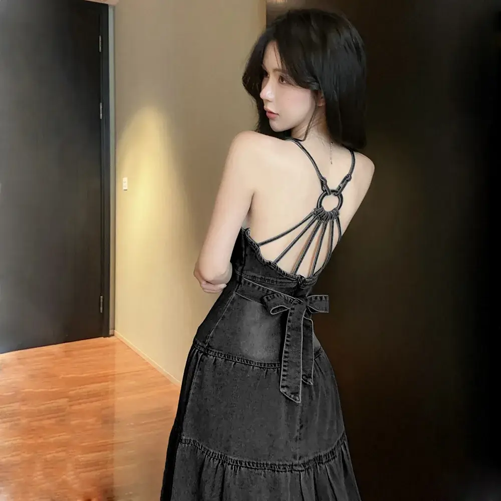 Sexy Retro V Neck Denim Backless Long Skirt Slimming Waist Large Swing Dress
