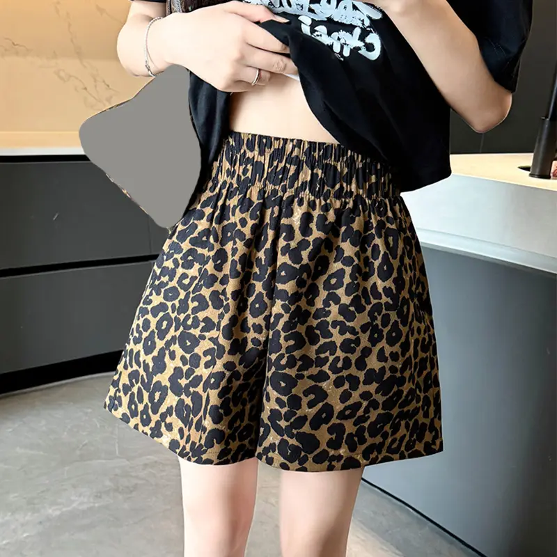 Elastic High Waist Leopard Print Shorts Women Street Wide Leg Loose Shorts Women