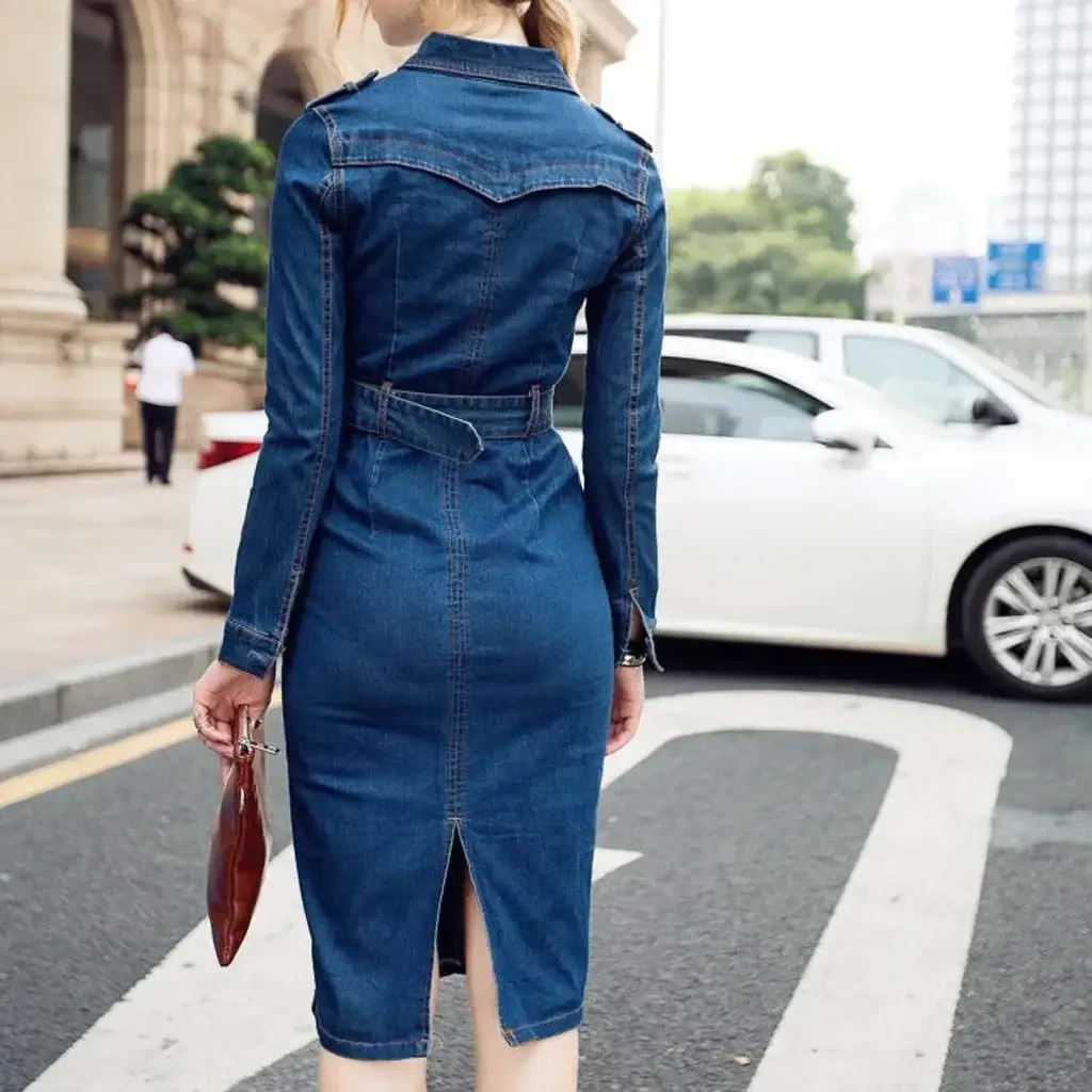 Vintage Button Up Jeans Dress Women Lapel Denim Vest Slim Office Long Sleeve Mid Cuff Dress With Belt