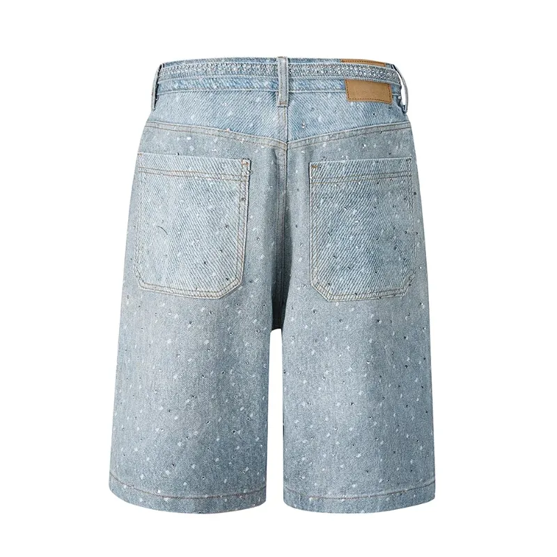 Full Rhinestone Ribbons Baggy Jeans Shorts For Men Pockets Wide Leg Loose Five Point Denim Shorts