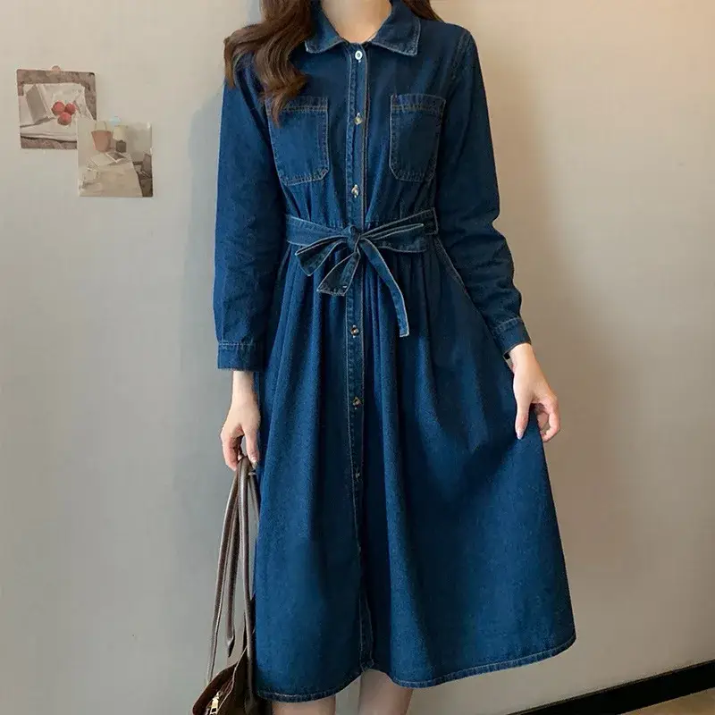Retro Long Sleeve Denim Dress Women's Shirt Style Waist Slimming Elegant Long Dress