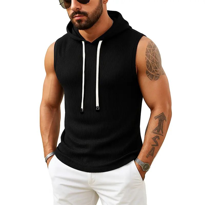 Tank Top Men’s Ribbed Sleeveless Hoodie Casual Fit Hooded Vest Gym Streetwear Sportswear Men Top