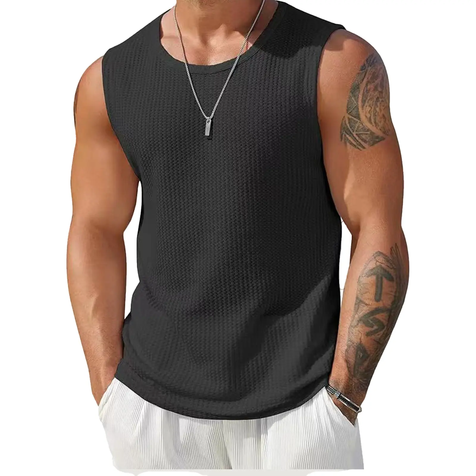 Men Ribbed Knit Tank Tops Casual Wear Sleeveless Streetwear Style