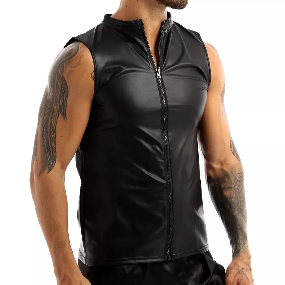 Men's Leather Vest Elastic Fashion PU Leather Biker's Tank Tops Streetwear