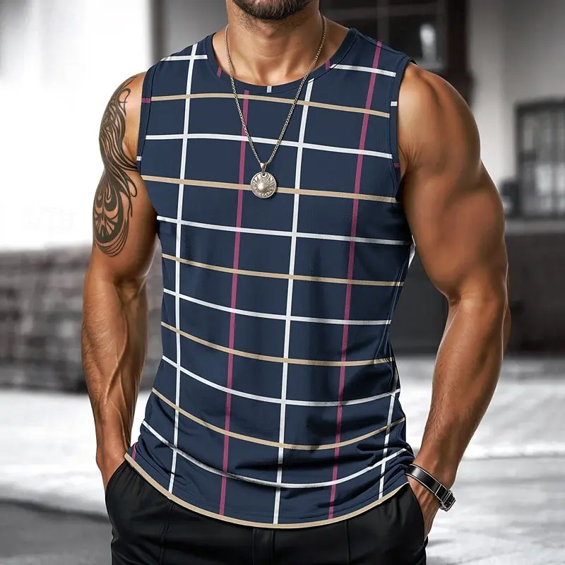 Retro Men's Vest Top Plaid Striped Graphic Sleeveless Shirt Crew Neck Loose Streetwear Fashion Casual Tank Tops
