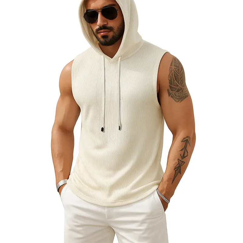Tank Top Men’s Ribbed Sleeveless Hoodie Casual Fit Hooded Vest Gym Streetwear Sportswear Men Top