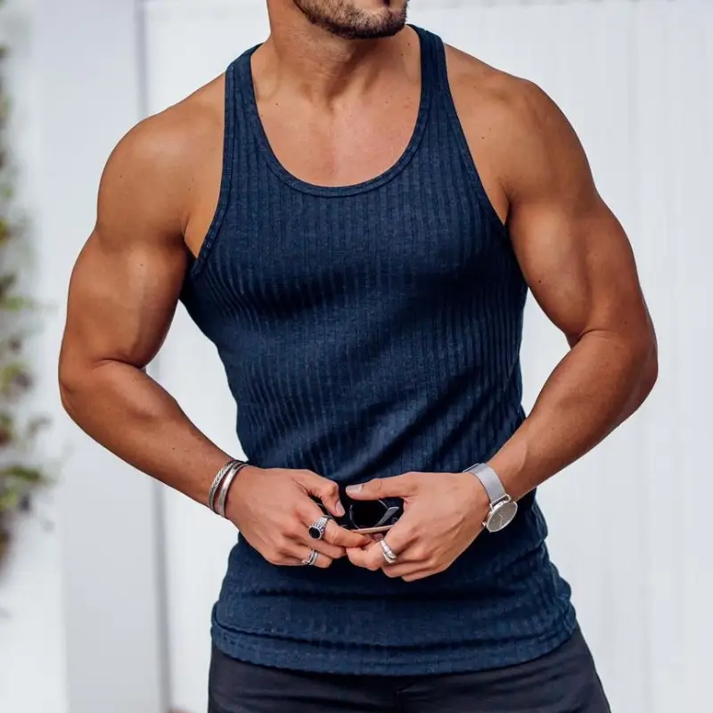 Knitted Fitness Sports Leisure Men Tank Top Fashion Solid Gym Clothing Tanks Tops Men Clothes