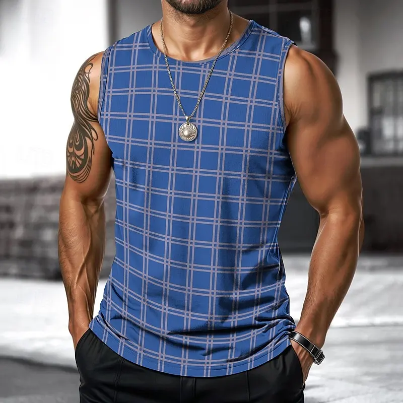 Retro Men's Vest Top Plaid Striped Graphic Sleeveless Shirt Crew Neck Loose Streetwear Fashion Casual Tank Tops