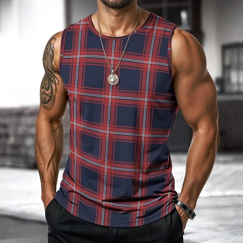 Retro Men's Vest Top Plaid Striped Graphic Sleeveless Shirt Crew Neck Loose Streetwear Fashion Casual Tank Tops