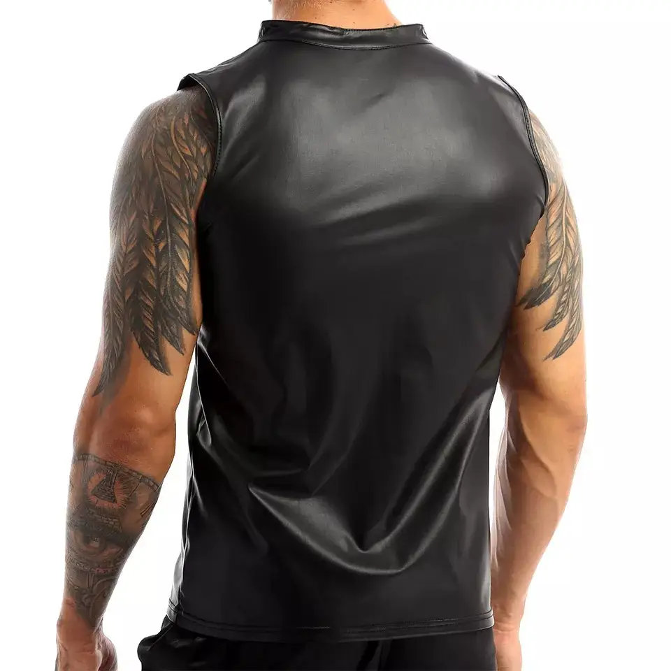 Men's Leather Vest Elastic Fashion PU Leather Biker's Tank Tops Streetwear