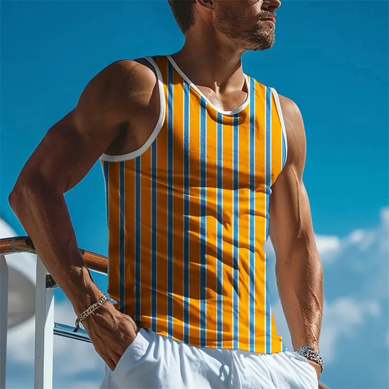 Casual Stripe Print Men Sleeveless T-shirt Hawaiia...