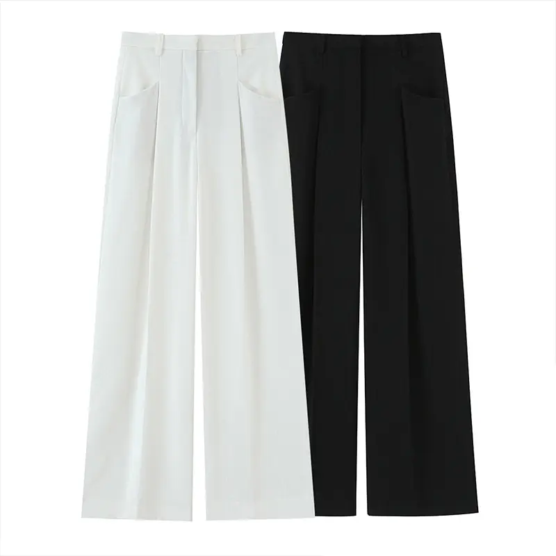 Women Fashion Solid Front Zipper Pleated Straight Pants Vintage High Waist Full Length Female Chic Lady Trousers