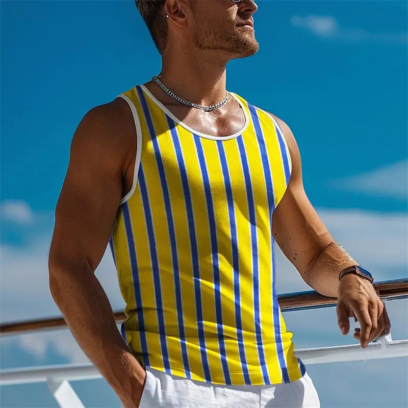Casual Stripe Print Men Sleeveless T-shirt Hawaiian Style Men Fashionable O Neck Vest Outdoor Beach Men Vest
