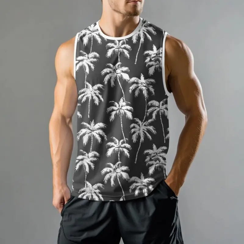 Coconut Trees Tank Tops For Men Colorful Gradient Pattern Tees Casual Loose Street Sports Round Neck Vest Top