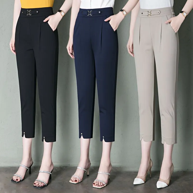 Summer Ice Silk Eight-Point Pants For Women Suit Pants Thin Style High-Waisted Elastic Straight-Leg Casual Slim-Fit Pants