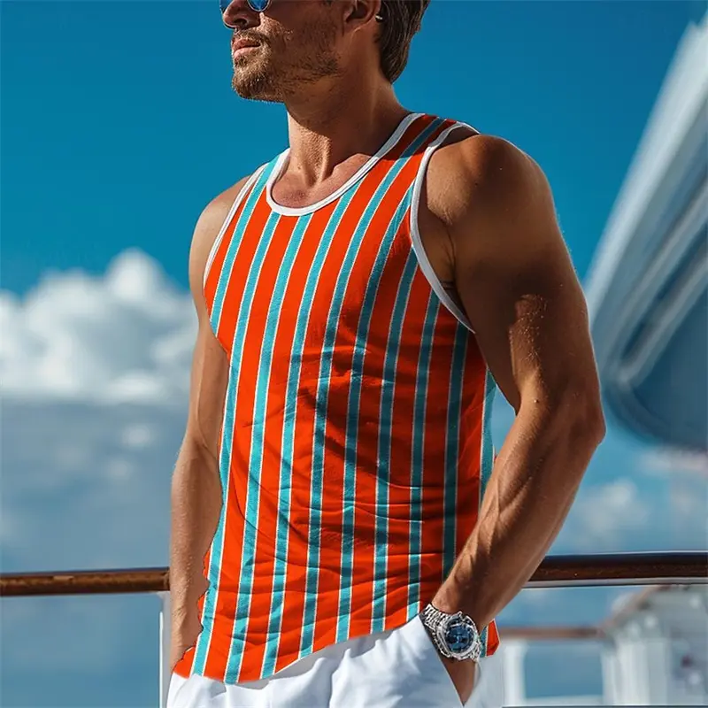 Casual Stripe Print Men Sleeveless T-shirt Hawaiian Style Men Fashionable O Neck Vest Outdoor Beach Men Vest