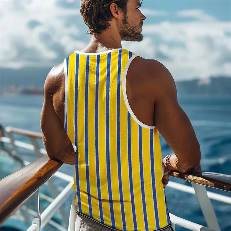 Casual Stripe Print Men Sleeveless T-shirt Hawaiian Style Men Fashionable O Neck Vest Outdoor Beach Men Vest