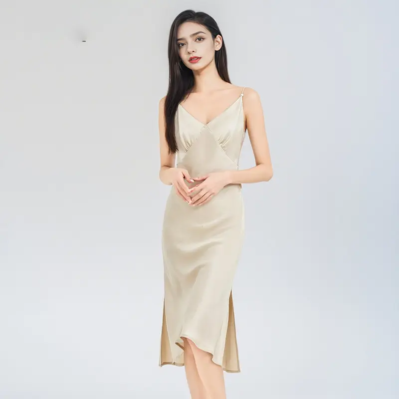 Women 100% Real Silk Elegant Nightgown Sexy V-Neck Solid Backless Thin Chic Pajamas Dress