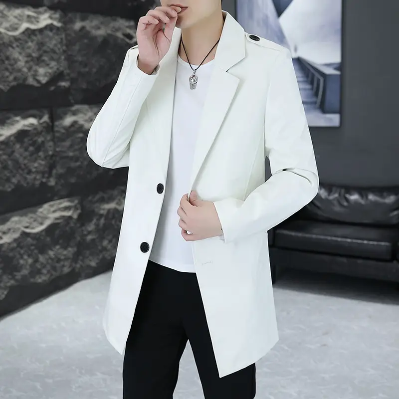 Men’s Fashion Long PU Leather Jacket Business Casual Outdoor Slim Trench Coat Suit Collar Style