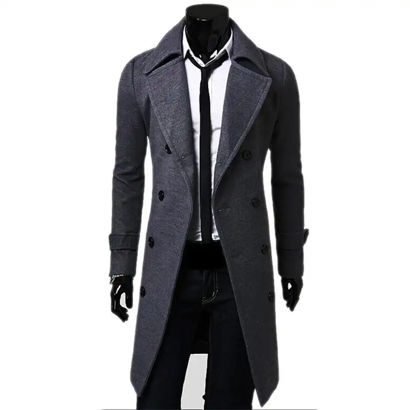 Men's Slim Fit Solid Color Long Trench Coat Double...
