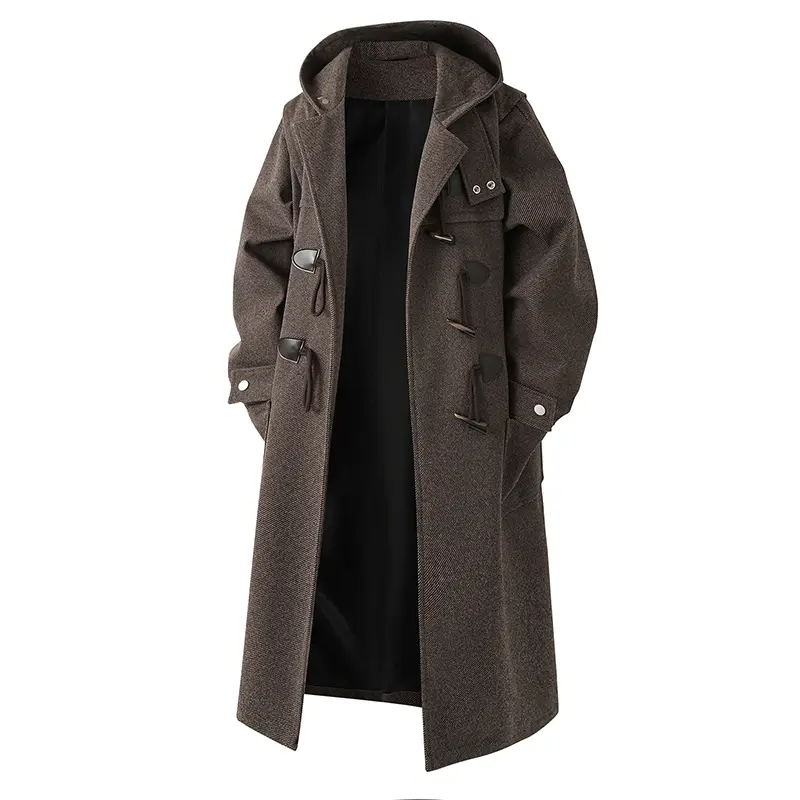 Men Thick Hooded Trench Coat Men Wool Blends Overc...