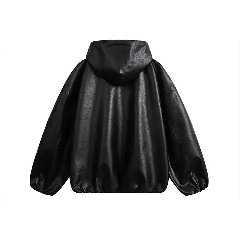 Fashionable And Versatile Hooded Leather Jacket Solid Color Men's Top Casual Leather Jacket
