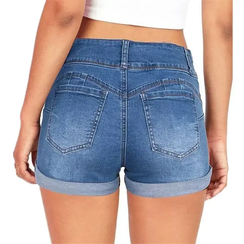 Women's Fashion Waistband Denim Shorts - Stretch F...