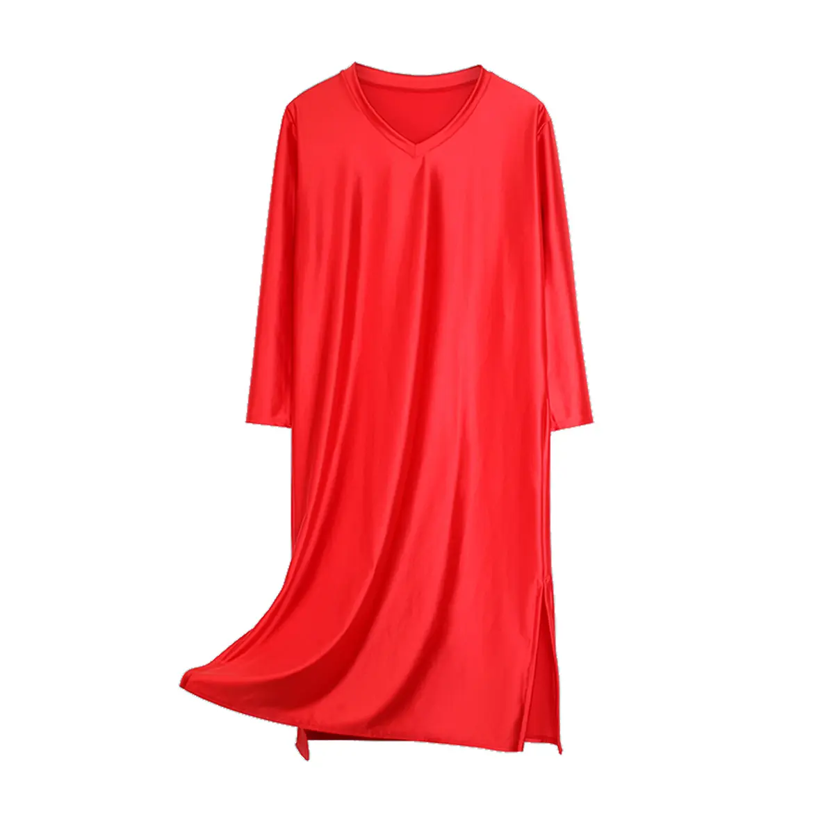 Women's Long Dress High Stretch Loose Home Wear Long-sleeve V-neck Casual Simple Nightgown