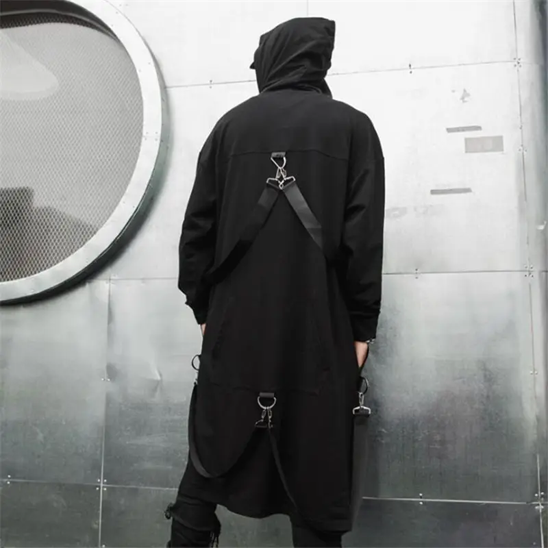Men's Vintage Hooded Trench Coat with Ribbon Detail Long Zipper Cloak Cape